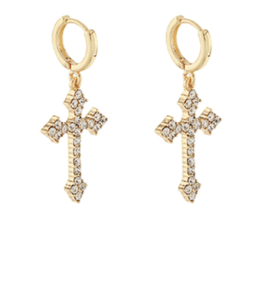 Pave Glass Cross Dangling Hoops