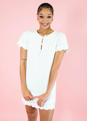SHORT SCALLOP SLEEVE FRONT BOW SCALLOP HEM MINI DRESS WITH POCKETS
