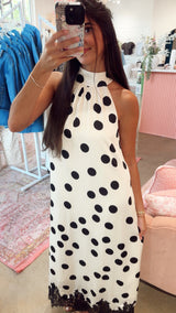 Polka Dot Lace Trim Halter Maxi Dress