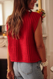 Solid Textured Knit Side Pockets Buttoned Sweater Vest: Fiery Red