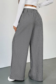 Striped High Waist Wide Leg Casual Drawstring Pants - Black