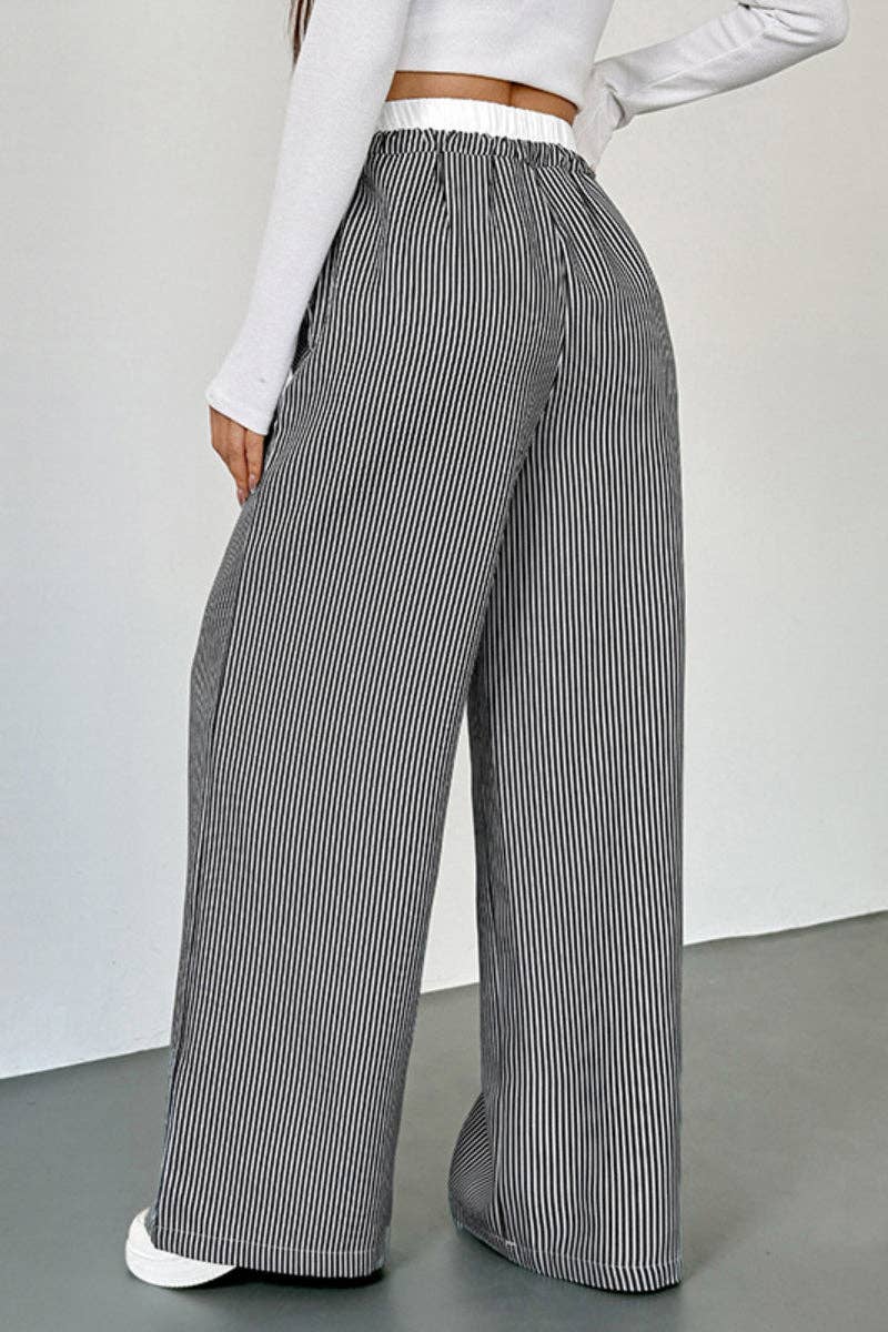 Striped High Waist Wide Leg Casual Drawstring Pants - Black