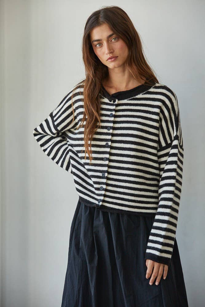 Knit Sweater Striped Buttondown Cardigan Top: Black Ivory