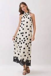 Polka Dot Lace Trim Halter Maxi Dress