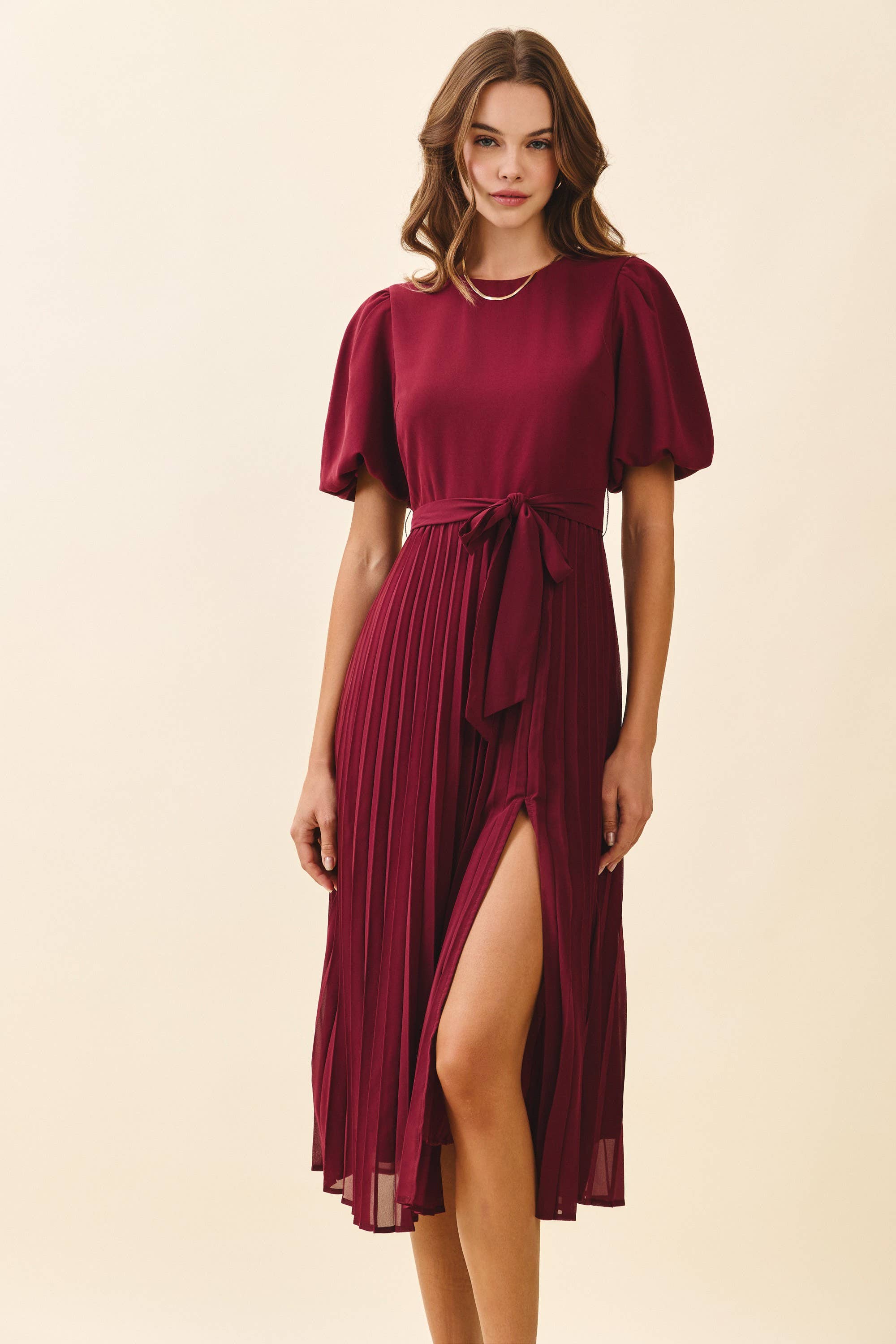 Pleated With Side Slit Detail Round Neck Dress: Burgundy