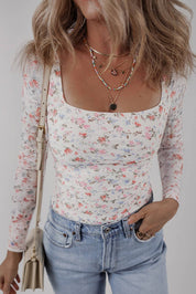 Floral Print Textured Square Neck Long Sleeve Top
