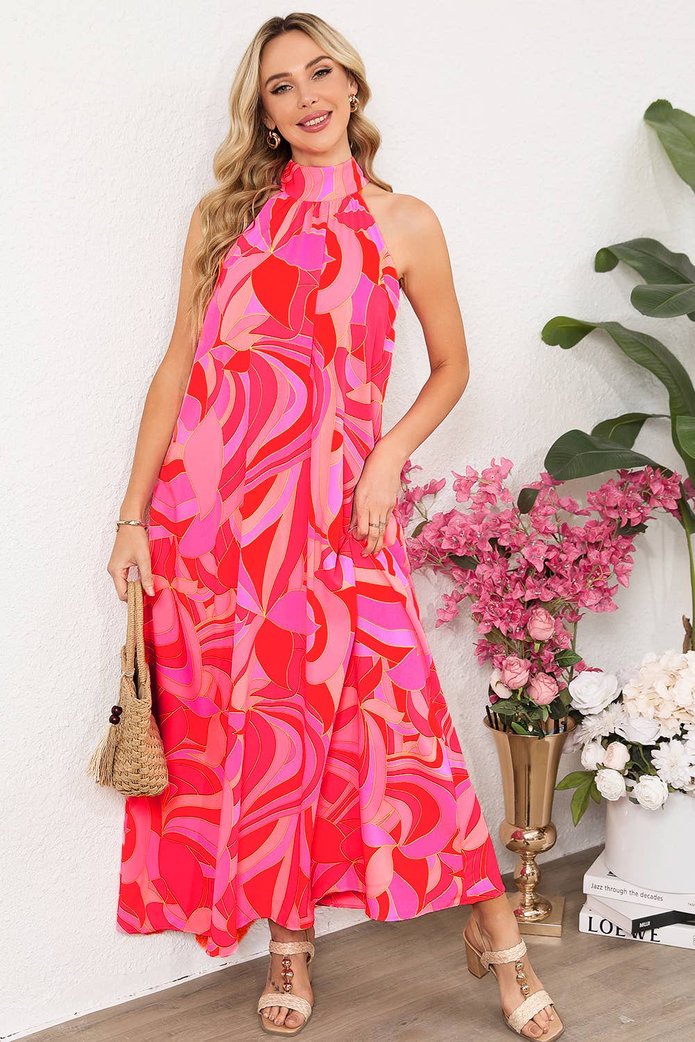 Abstract Print Knotted Mock Neck Maxi Dress