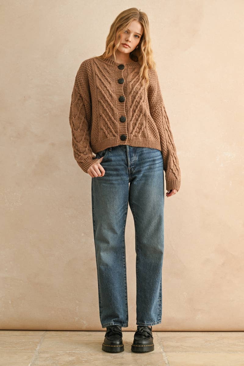BUTTON FRONT CABLE SWEATER JACKET: BROWN