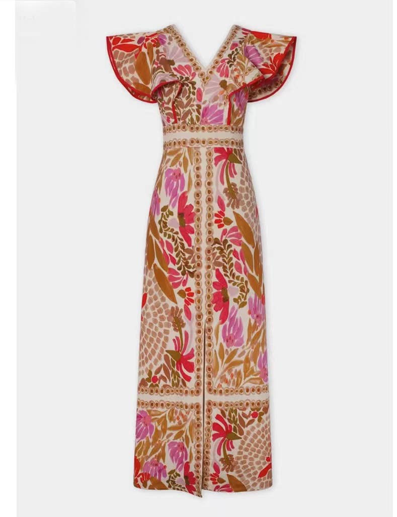 Stylish Ruffled Split Positional Print Backless Dress