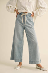 WASHED DENIM WITH TIE FRONT PANTS