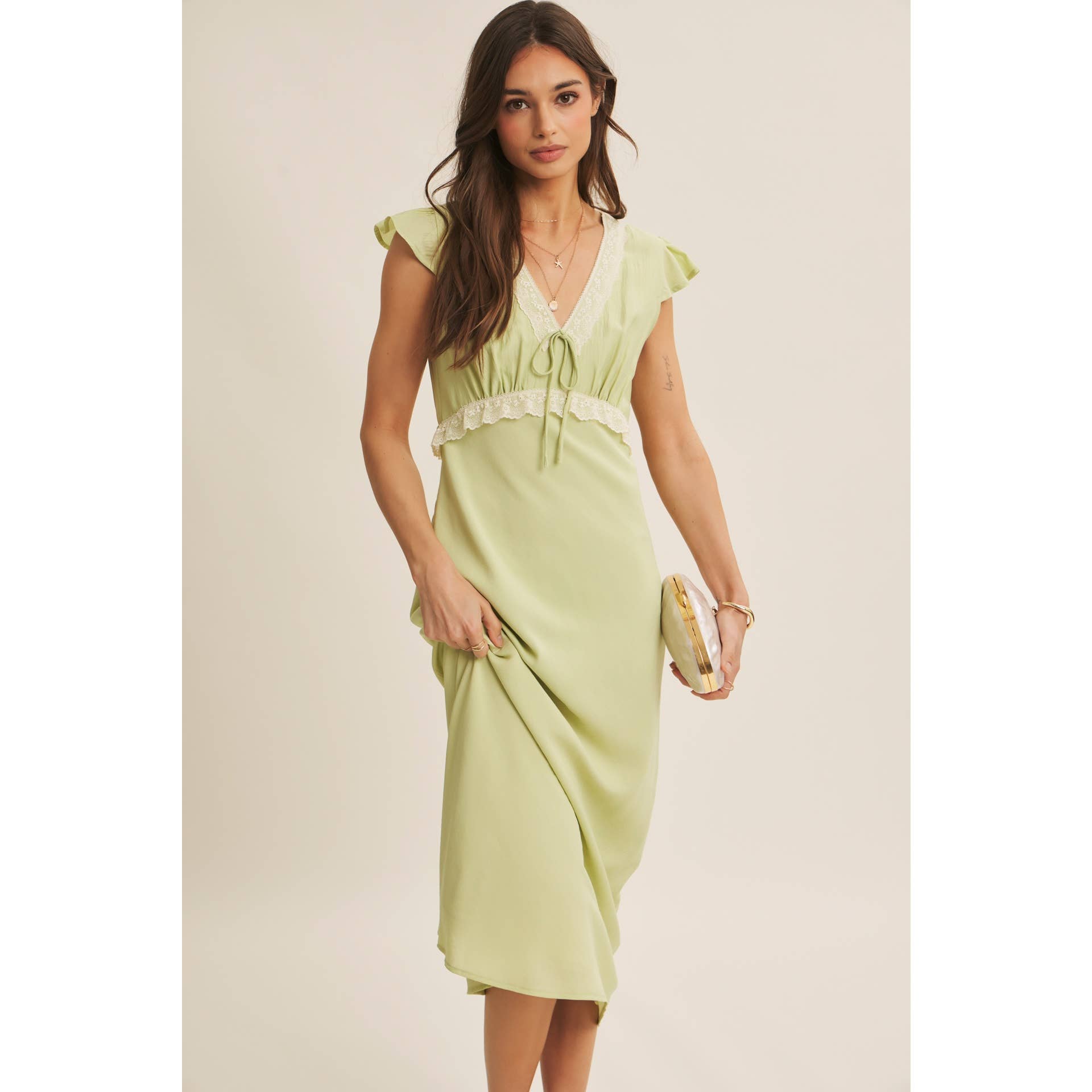 SOFTLY REFINED SLIM FIT MIDI DRESS WITH LACE AND WAIST BELT