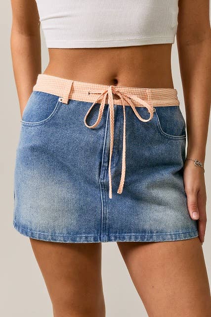 MID WAIST DENIM SKIRT WITH GINGHAM WAIST