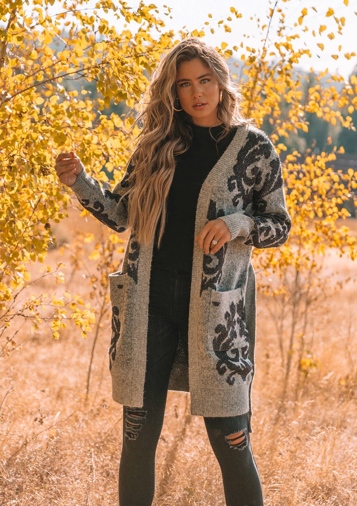 Metallic Floral Long Sleeve Belted Cardigan