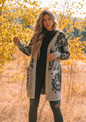 Metallic Floral Long Sleeve Belted Cardigan