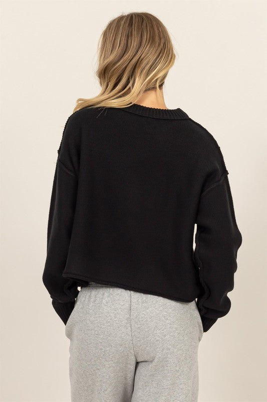 Oversized Cropped Knit Sweater - Black