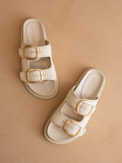 The Daytona | Ivory aTwo-Tone Raffia Gold Buckle Sandal