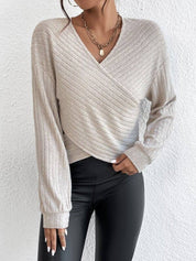 Solid V-Neck Cross Loose Long Sleeves Blouse
