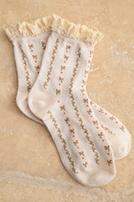 FLORAL PRINT CROCHET TRIM SOCKS: CREAM / One Size