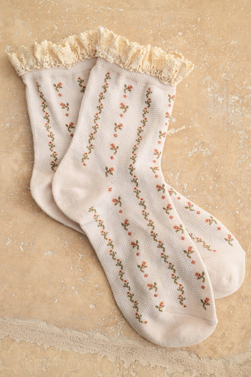 FLORAL PRINT CROCHET TRIM SOCKS: CREAM / One Size