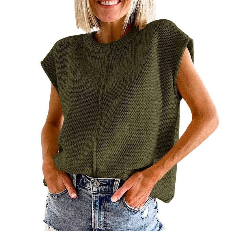 Casual Sleeveless Knitted Vest in Solid Color with Relaxed Fit: ARMY GREEN