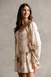 FLORAL EYELET PUFF SLEEVE ROMPER: BEIGE FLORAL