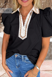 Ricrac Trim Collared Short Sleeve Blouse