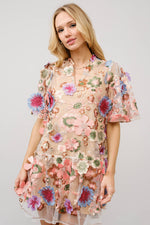 Multi 3D Floral Peplum Puff Sleeve Mini Dress