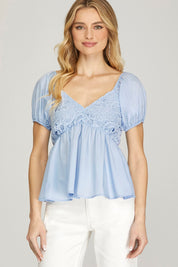 Short Puff Sleeve Woven Top W/ Lace Neckline-Baby Blue