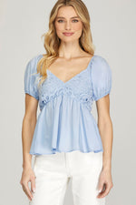 Short Puff Sleeve Woven Top W/ Lace Neckline-Baby Blue