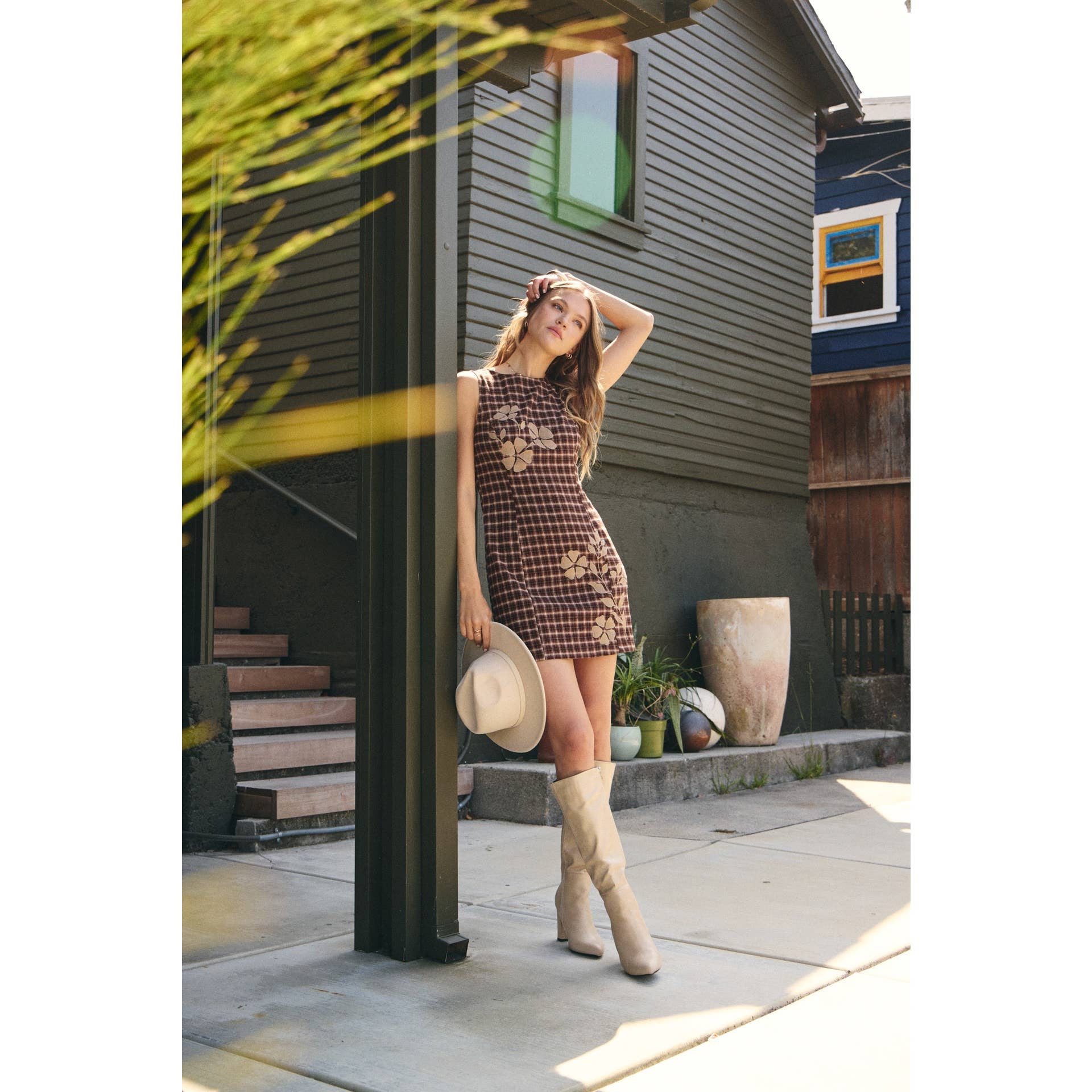 COUNTRYSIDE EMBROIDERED PLAID FITTED MINI DRESS