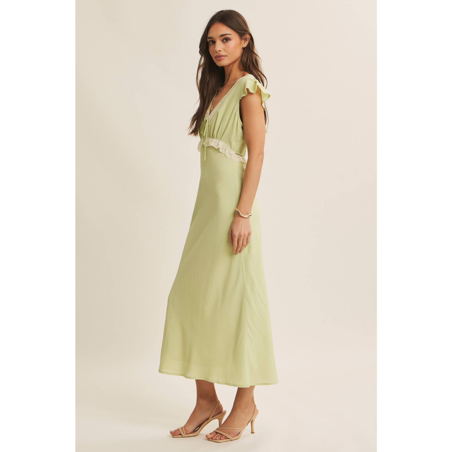 SOFTLY REFINED SLIM FIT MIDI DRESS WITH LACE AND WAIST BELT