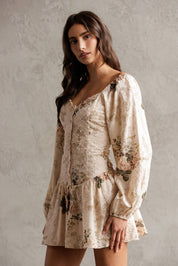 FLORAL EYELET PUFF SLEEVE ROMPER: BEIGE FLORAL