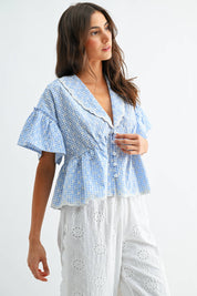 Gingham Embroidered Peplum Blouse