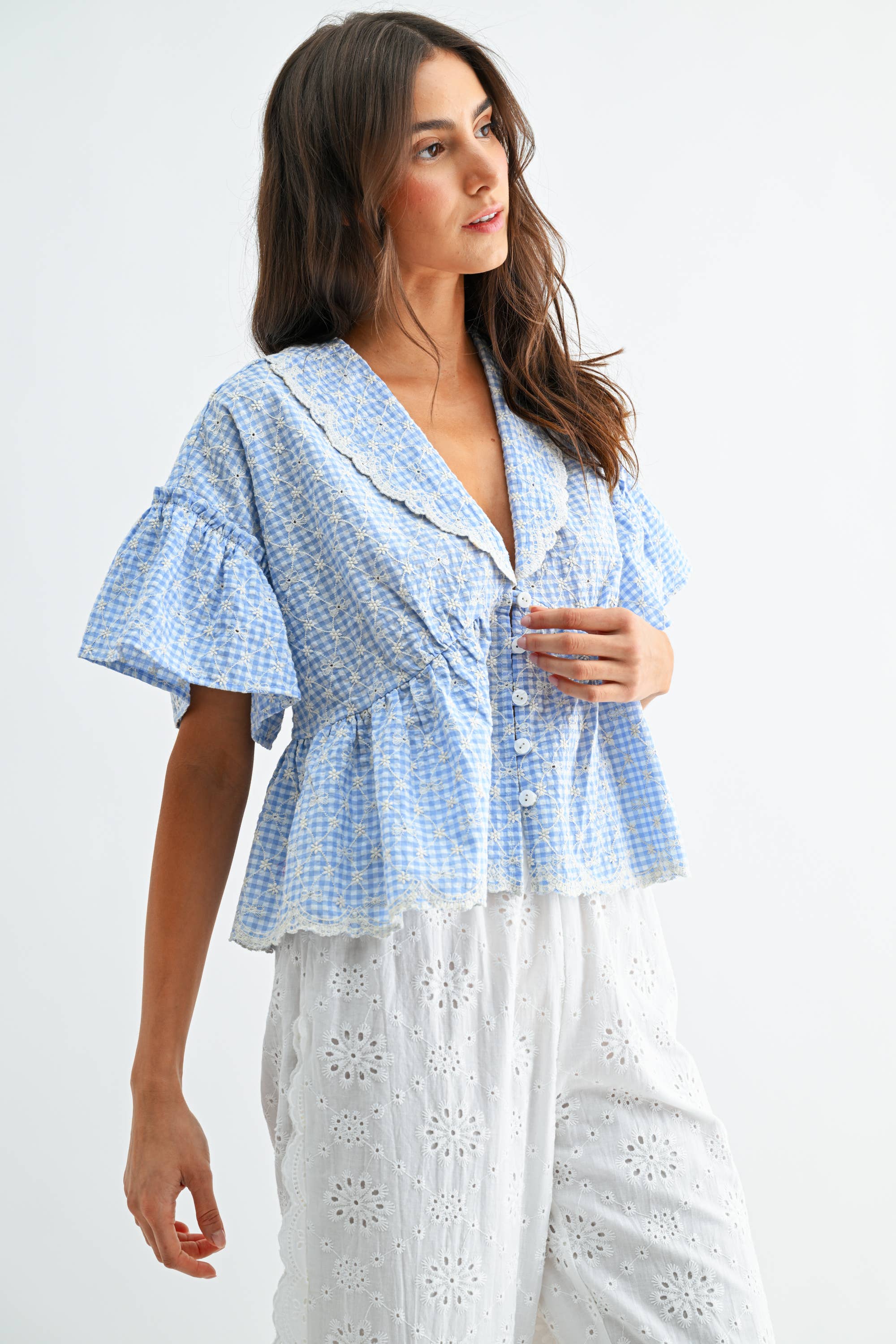 Gingham Embroidered Peplum Blouse