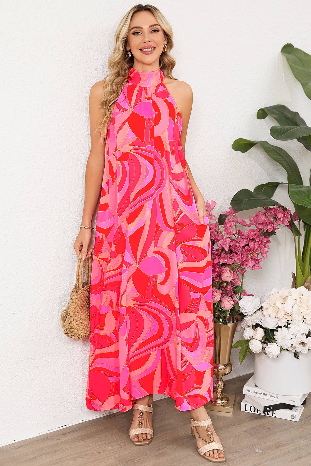 Abstract Print Knotted Mock Neck Maxi Dress