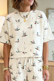 Mallard Print Cropped Tee Drawstring 2pcs Pants Set