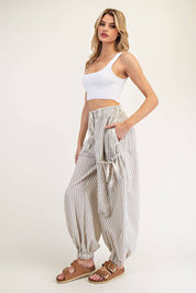 STRIPED DRAWSTRING SIDE POCKET JOGGER PANTS: OATMEAL