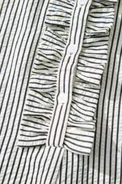 Stripe Frilled Half Buttons Short Sleeve Long Dress
