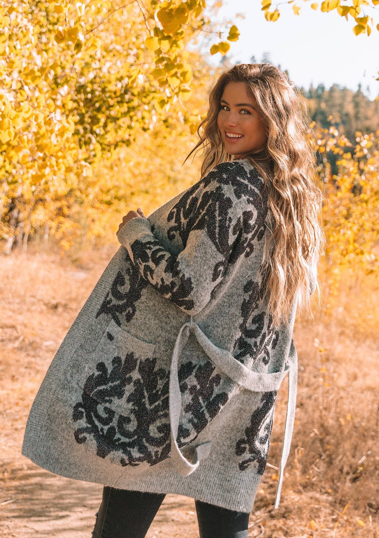 Metallic Floral Long Sleeve Belted Cardigan