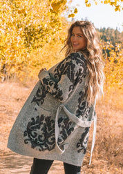 Metallic Floral Long Sleeve Belted Cardigan