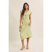 SOFTLY REFINED SLIM FIT MIDI DRESS WITH LACE AND WAIST BELT