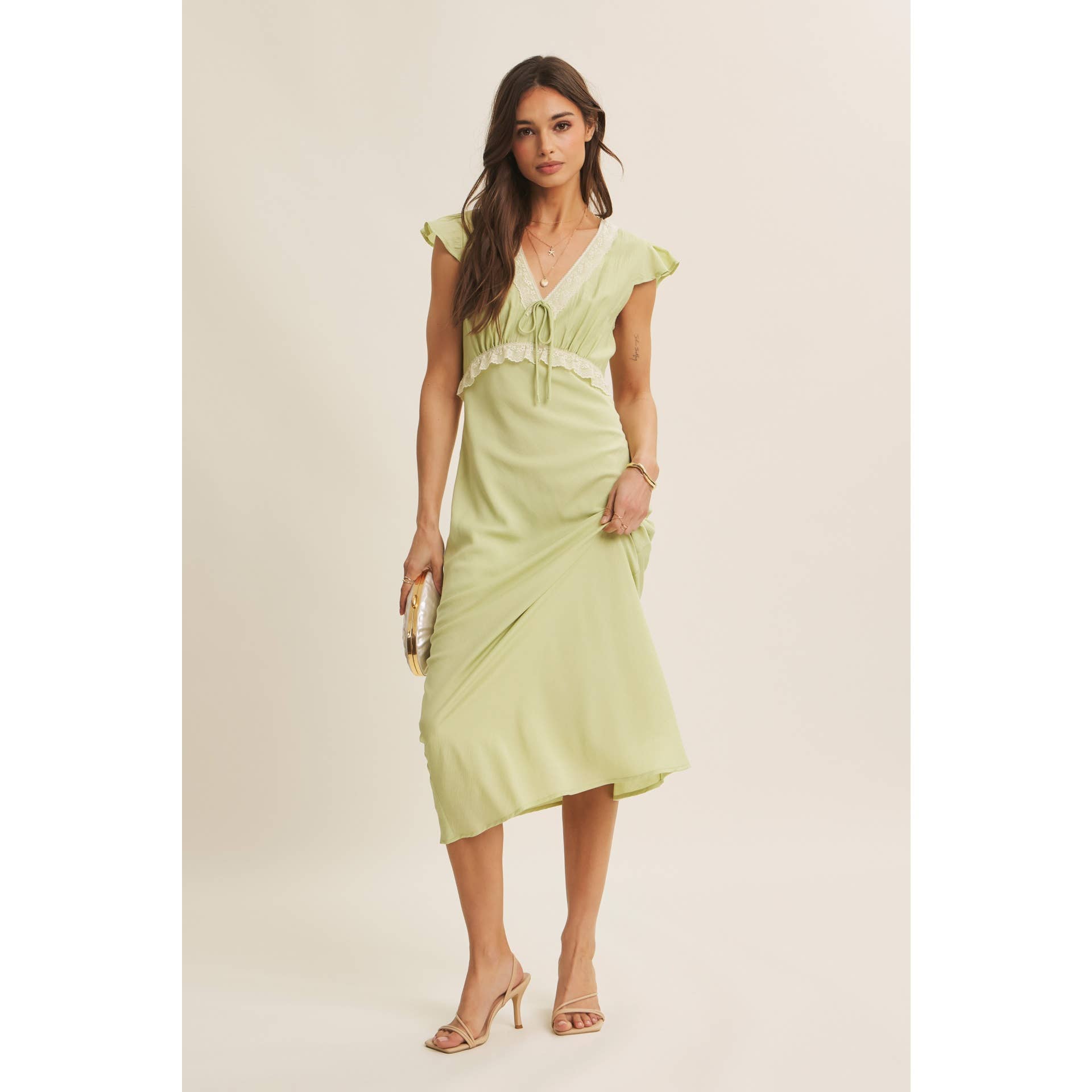 SOFTLY REFINED SLIM FIT MIDI DRESS WITH LACE AND WAIST BELT