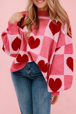 Pink Love Heart Checkered Valentine Crew Neck Sweater