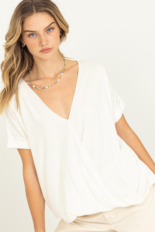 Short Sleeve Surplice Top - Off White