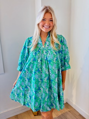 Green Floral Puff Sleeve Plus Size Dress