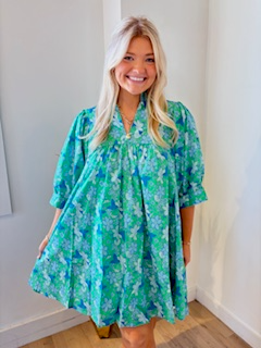 Green Floral Puff Sleeve Plus Size Dress