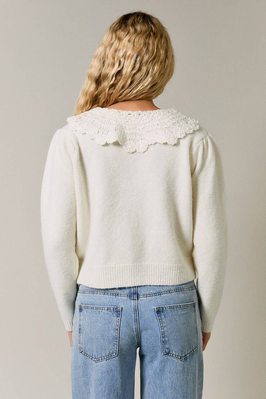 LACE TRIM NECK LONG SLEEVE CARDIGAN