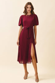 Pleated With Side Slit Detail Round Neck Dress: Burgundy