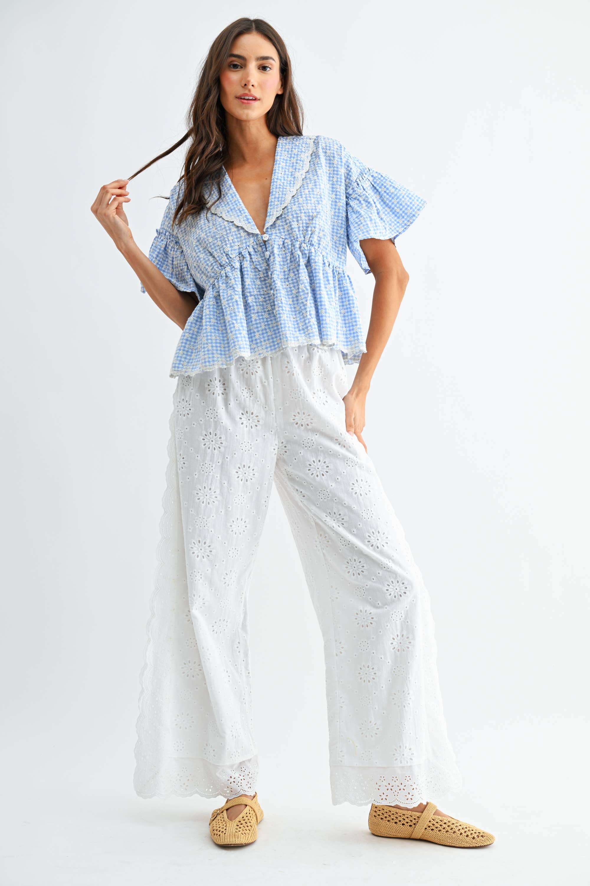 Gingham Embroidered Peplum Blouse