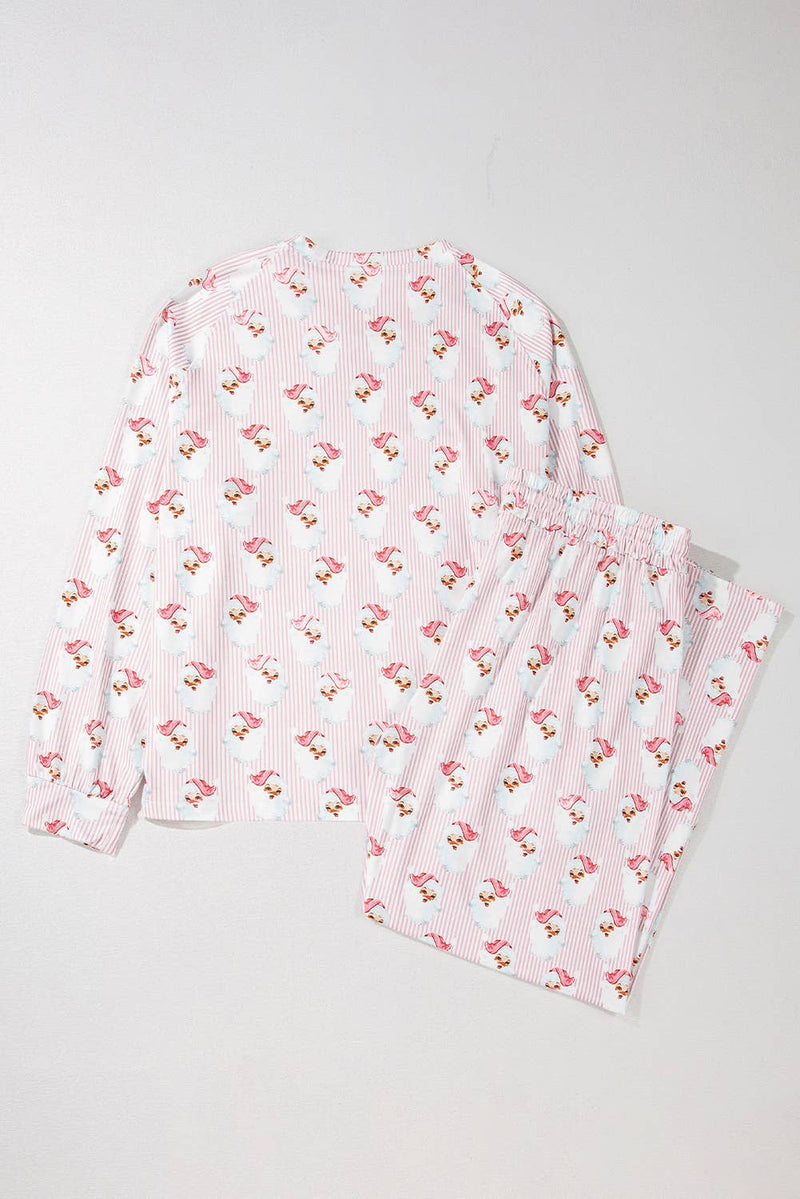 Santa Claus Striped Print Loose Fit Two Piece Lounge Set: Pink